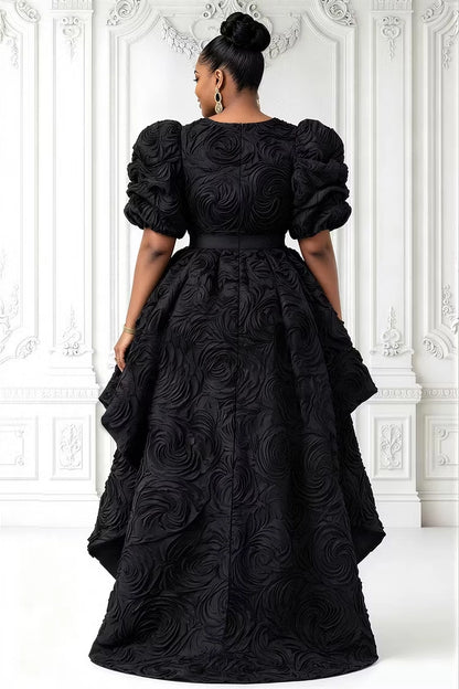 Roselledress black textured floral party dress back zipper plus size high low church gown back view