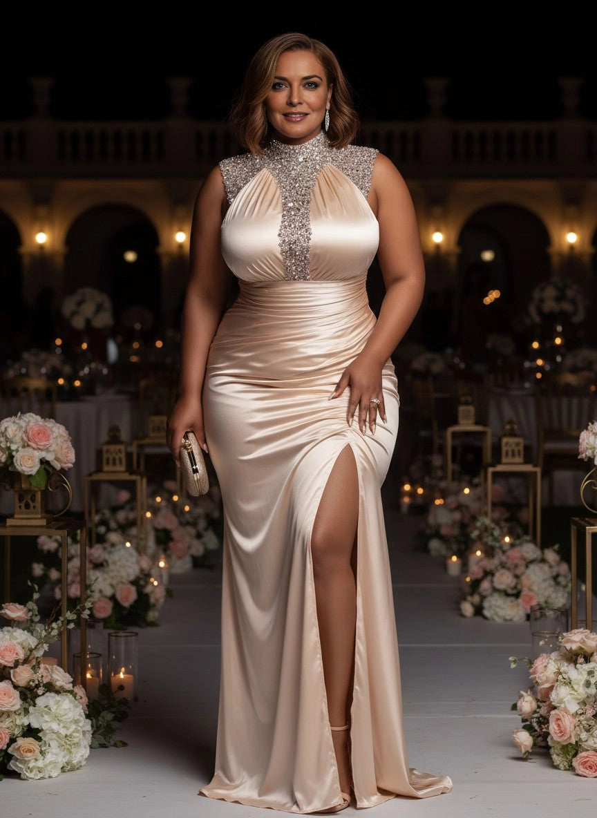 Roselledress champagne plus size wedding guest dress beaded high neck satin mermaid maxi gown front view