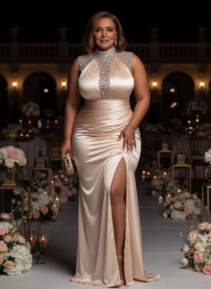 Roselledress champagne plus size wedding guest dress beaded high neck satin mermaid maxi gown front view