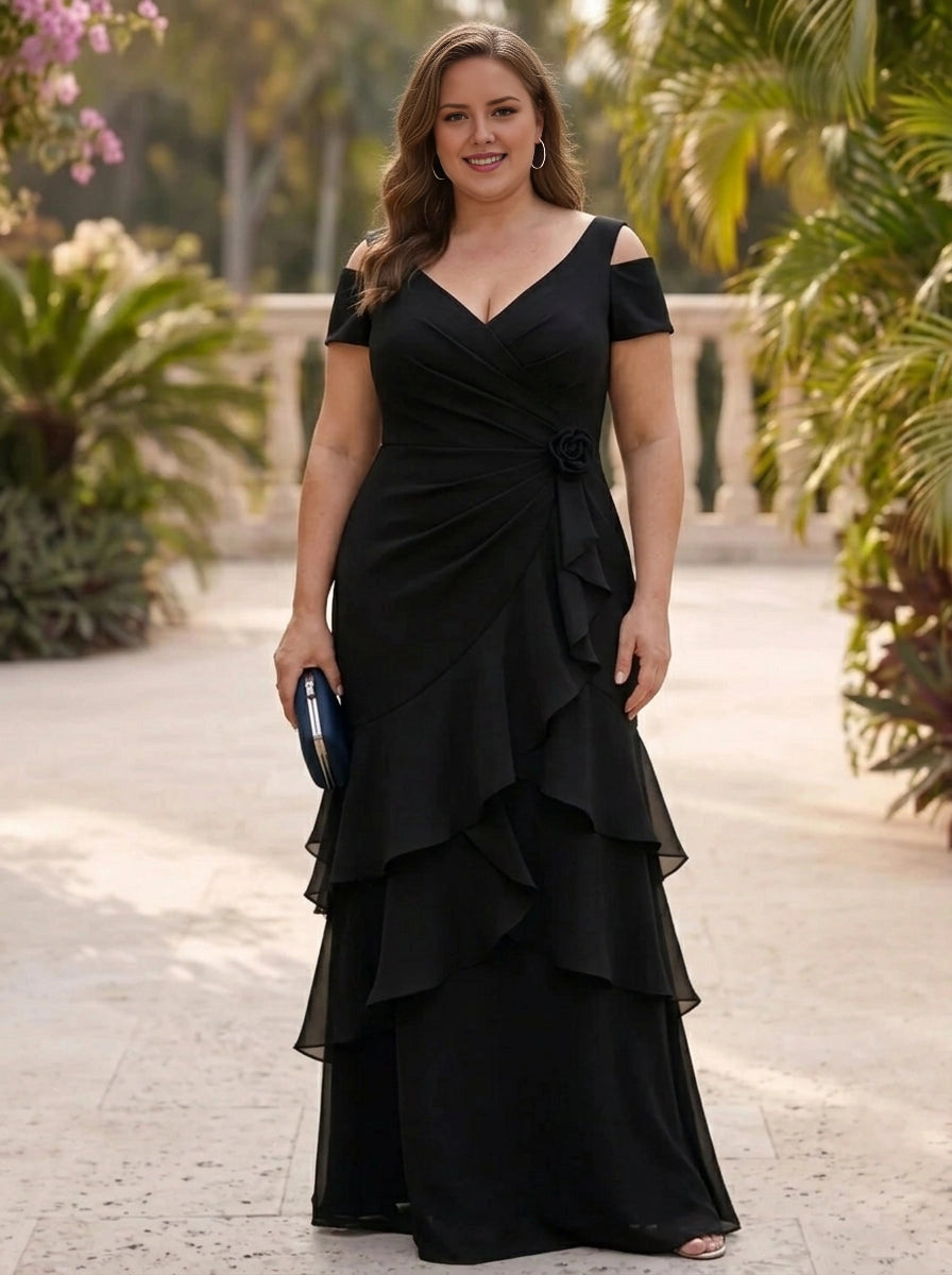 Roselledress black plus size wedding guest dress cold shoulder v neck wrap tiered chiffon maxi gown front view