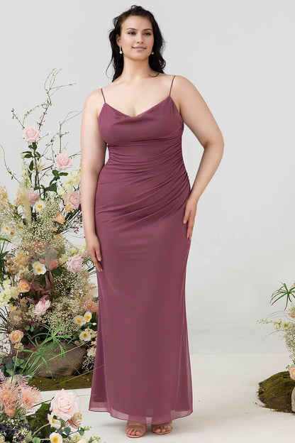 Roselledress dusty rose plus size bridesmaid dress spaghetti strap ruched chiffon mermaid gown front view