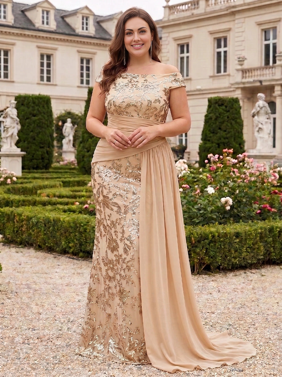 Roselledress champagne off shoulder plus size mermaid gown gold sequin lace with chiffon overlay front view