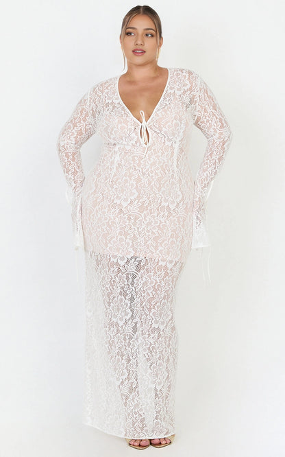 Roselledress white sheer lace plus size wedding guest dress front view, v-neck tie front flare sleeve mermaid formal gown