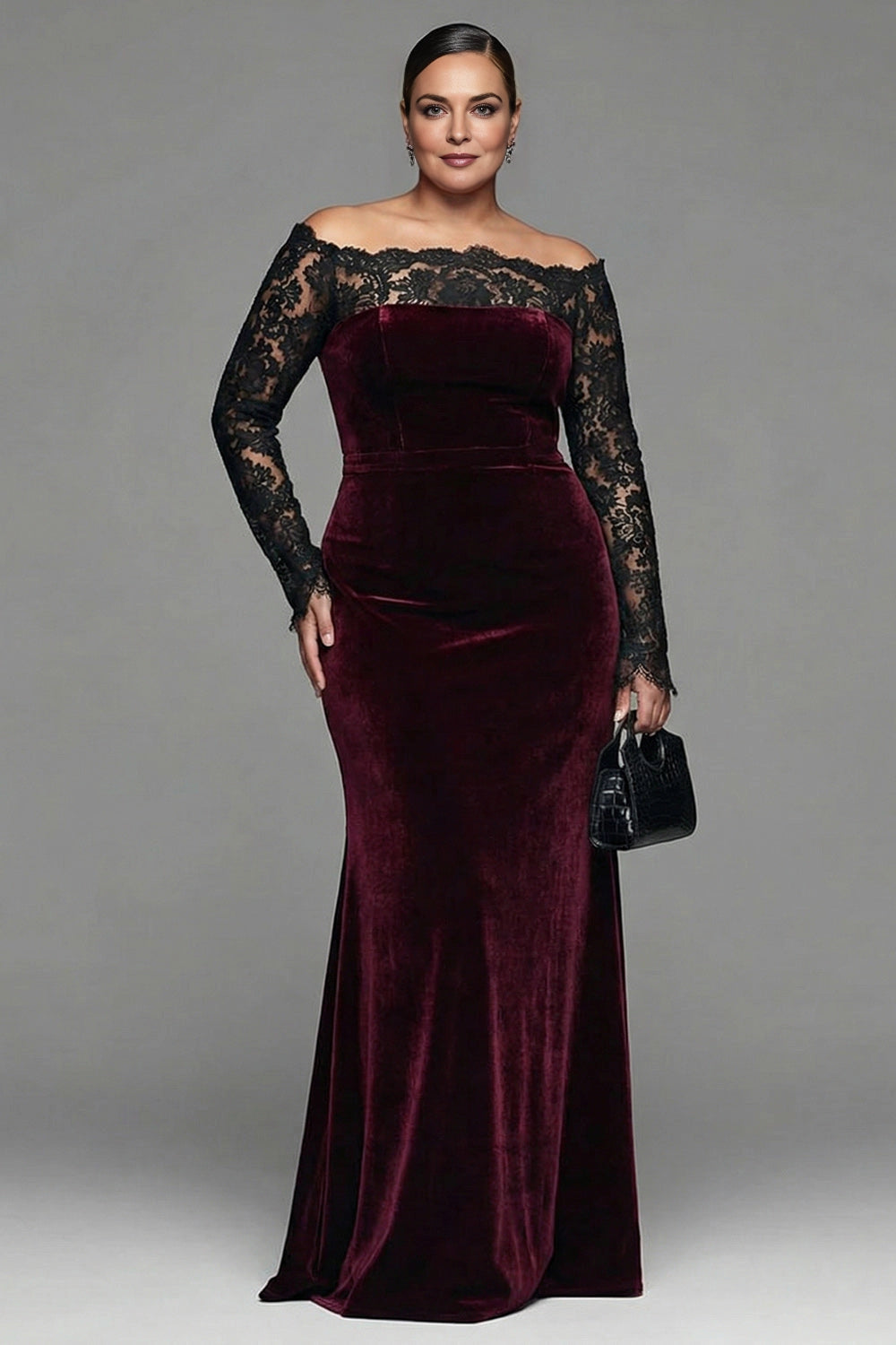 Roselledress burgundy plus size wedding guest dress off shoulder lace sleeve velvet mermaid gown front view