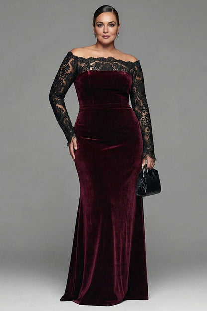 Roselledress burgundy plus size wedding guest dress off shoulder lace sleeve velvet mermaid gown front view
