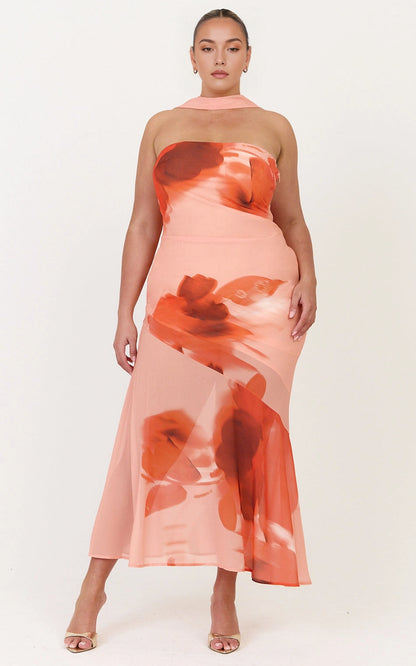 Roselledress pink floral halter plus size wedding guest midi dress front view, mesh chiffon bodycon formal gown