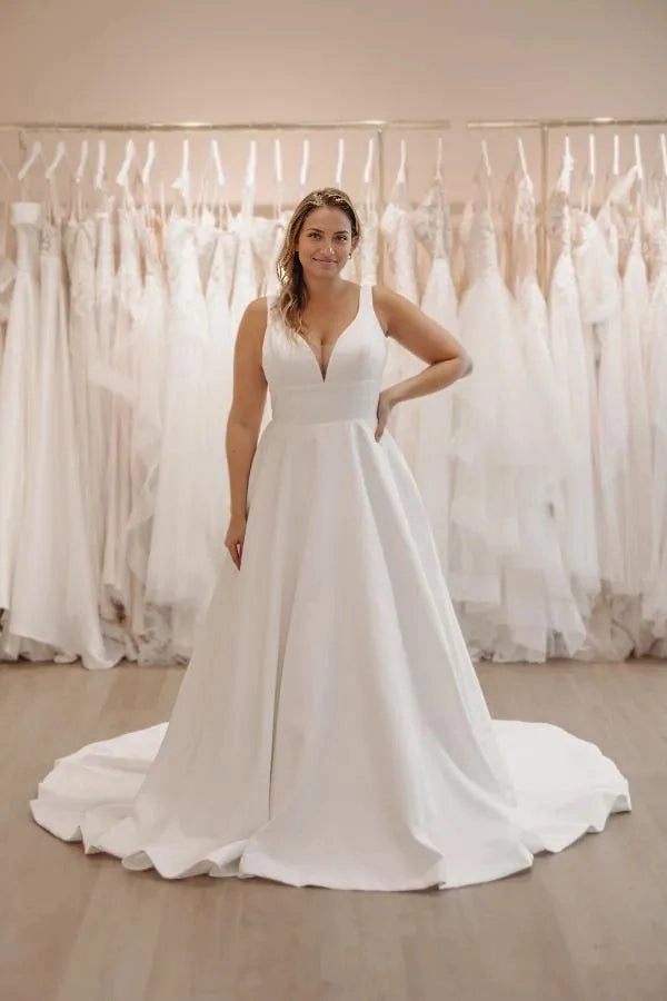 Roselledress plus size minimalist satin wedding dress deep v neck sleeveless a‑line chapel train bridal gown