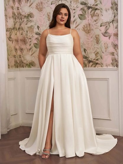 Roselledress plus size a‑line satin wedding dress square neck spaghetti strap high slit with pockets bridal gown