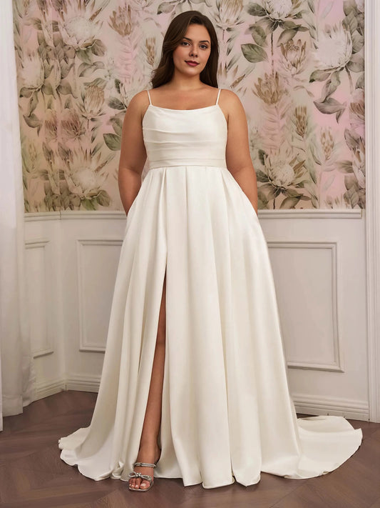 Roselledress plus size a‑line satin wedding dress square neck spaghetti strap high slit with pockets bridal gown