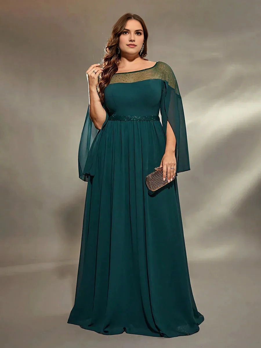 Roselledress dark green chiffon plus size mother of the bride dress front view,bateau neck flared sleeve gown with beaded waistband