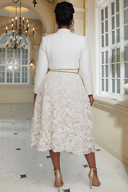 Roselledress lace mother of bride dress plus size matching textured jacket modest midi formal outfit back view