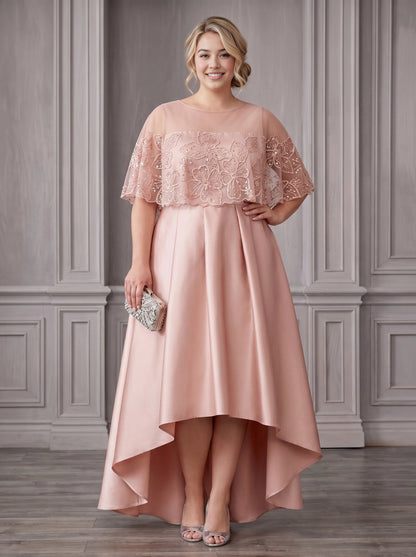 Roselledress blush plus size mother of bride dress cape sleeve floral lace high low satin gown front view