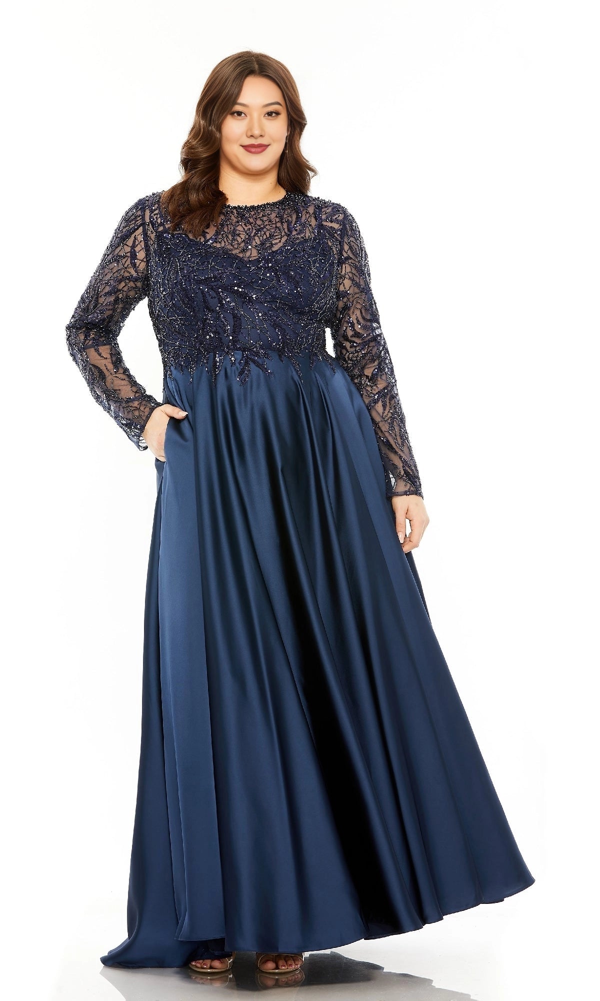 Roselledress navy blue plus size mother of the bride dress front view, long sleeve lace beaded bodice satin a-line gown with side pockets