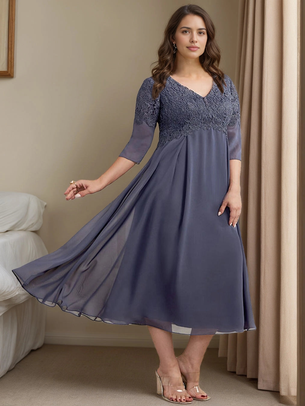 Roselledress dusty blue plus size mother of the bride midi dress lace bodice v-neck 3/4 sleeve chiffon formal dress front view