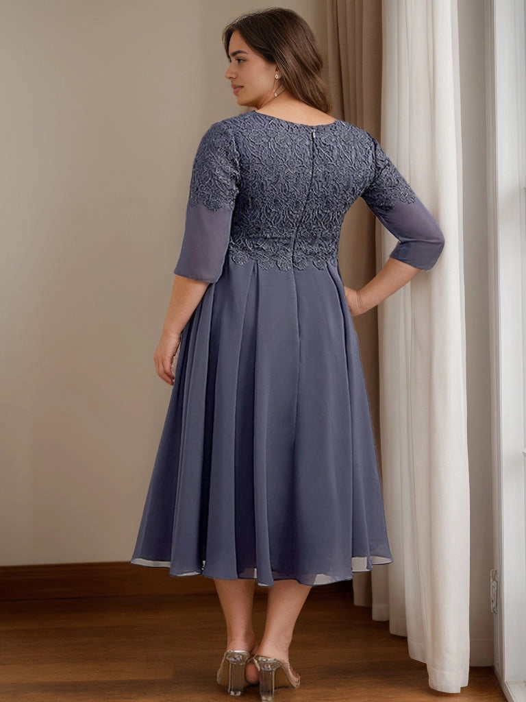 Roselledress slate blue plus size lace midi gown solid lace back zipper elegant wedding mother dress back view