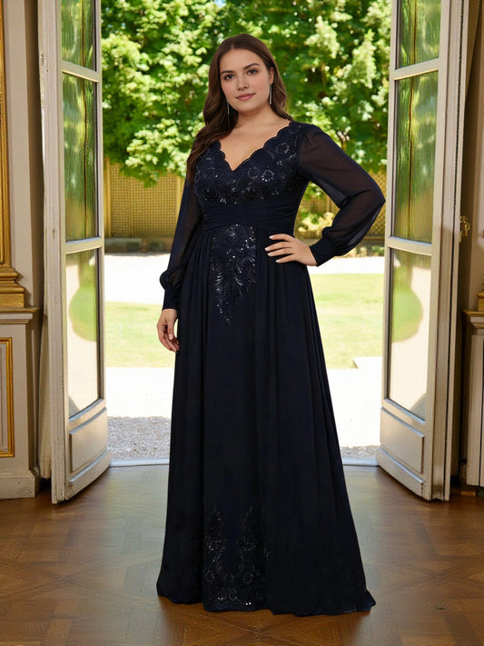 Roselledress black plus size A‑line wedding guest dress v‑neck long sheer sleeve lace sequin chiffon front view