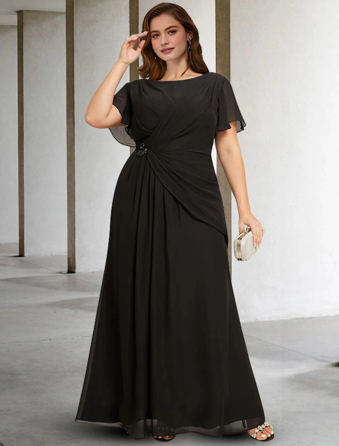 Roselledress black plus size wedding guest dress bateau neck flutter sleeve chiffon a‑line gown front view