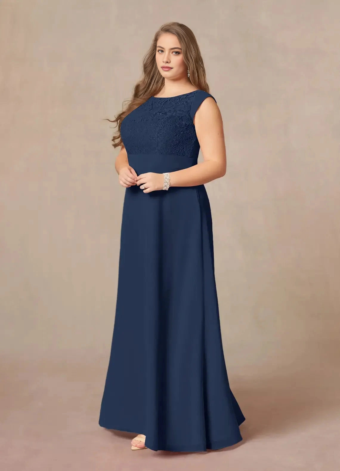 Roselledress navy blue plus size mother of the bride dress bateau neck cap sleeve lace chiffon a‑line gown front view