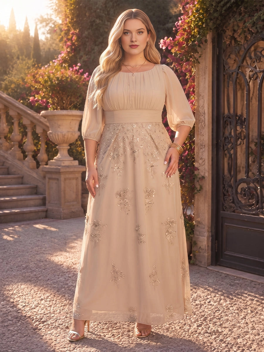 Roselledress champagne plus size mother of the bride dress,a‑line boat neck 3/4 puff sleeve gold embroidered tulle gown