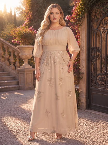 Roselledress champagne plus size mother of the bride dress,a‑line boat neck 3/4 puff sleeve gold embroidered tulle gown
