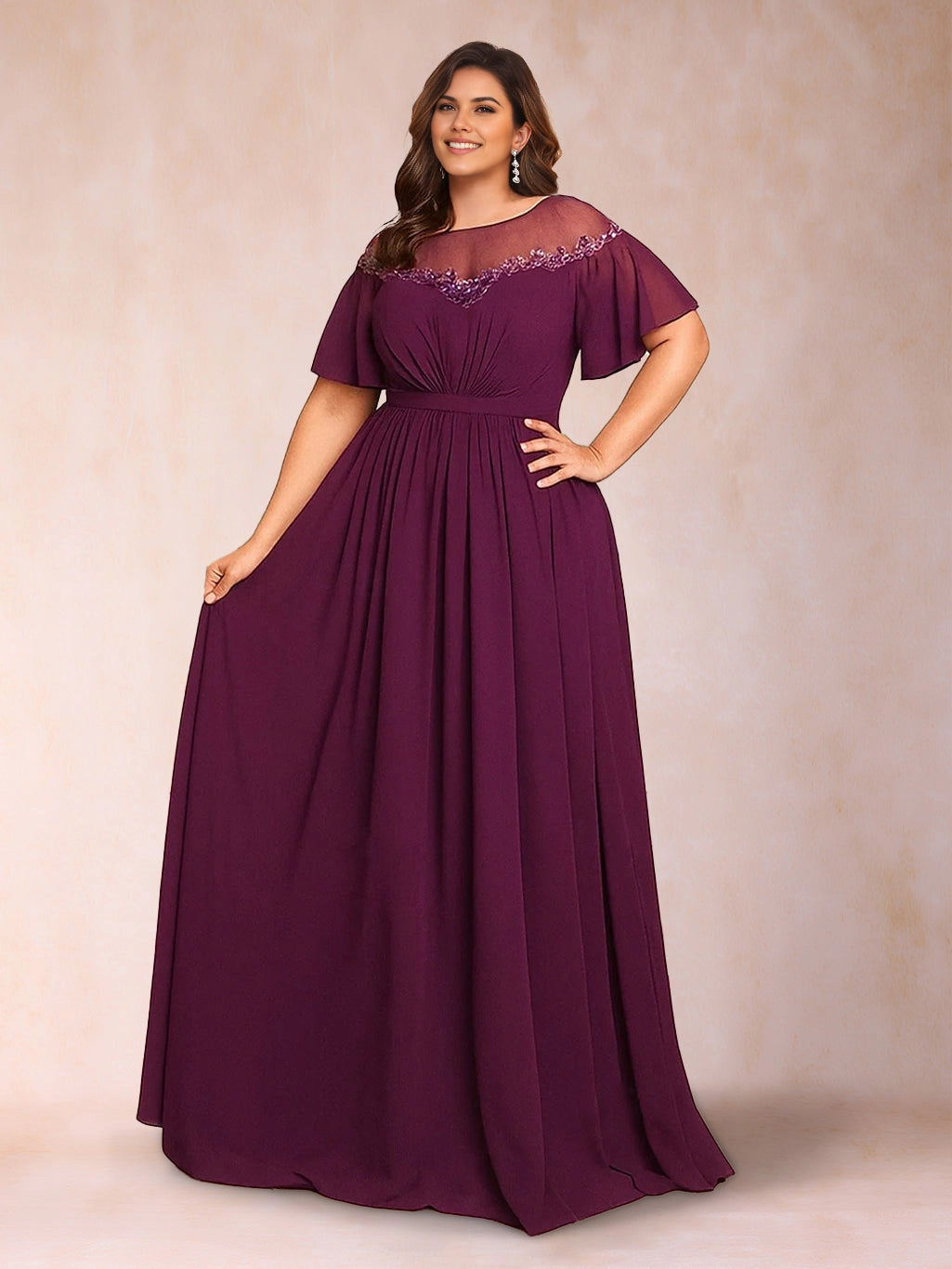 Roselledress plus size plum mother of the bride dress,A‑line chiffon gown with illusion neck embroidered lace flutter short sleeve