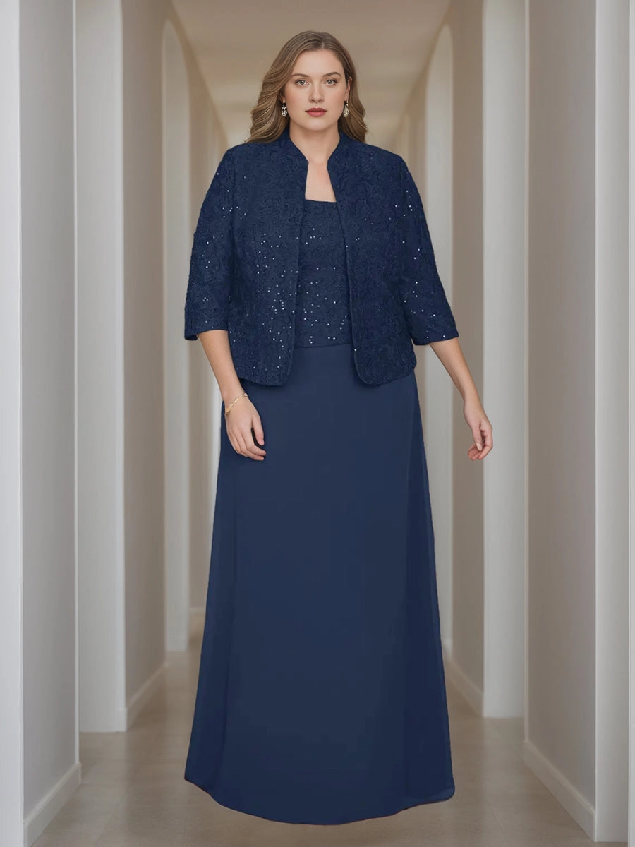 Roselledress plus size navy mother of the bride two‑piece dress,A‑line lace sequin jacket square neck floor‑length gown