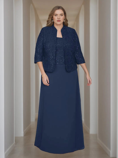 Roselledress plus size navy mother of the bride two‑piece dress,A‑line lace sequin jacket square neck floor‑length gown