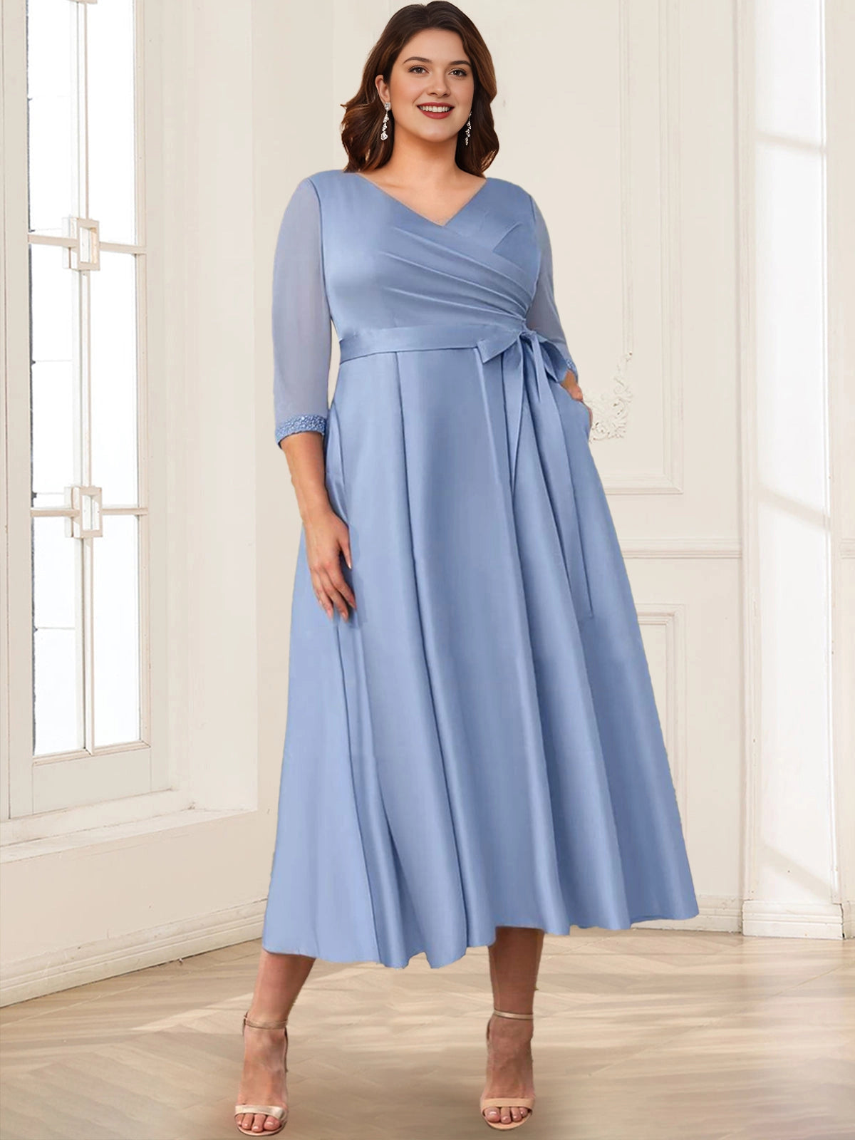 Roselledress dusty blue plus size mother of the bride dress,a‑line wrap v‑neck 3/4 lace cuff sleeve midi formal gown with pockets