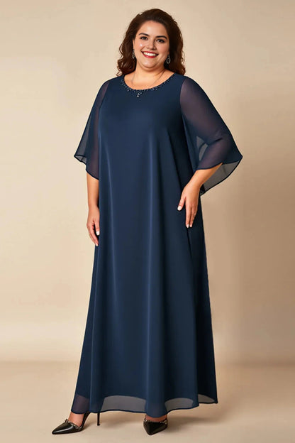 Roselledress navy plus size mother of the bride dress round neck flutter sleeve beaded neckline chiffon shift gown front view