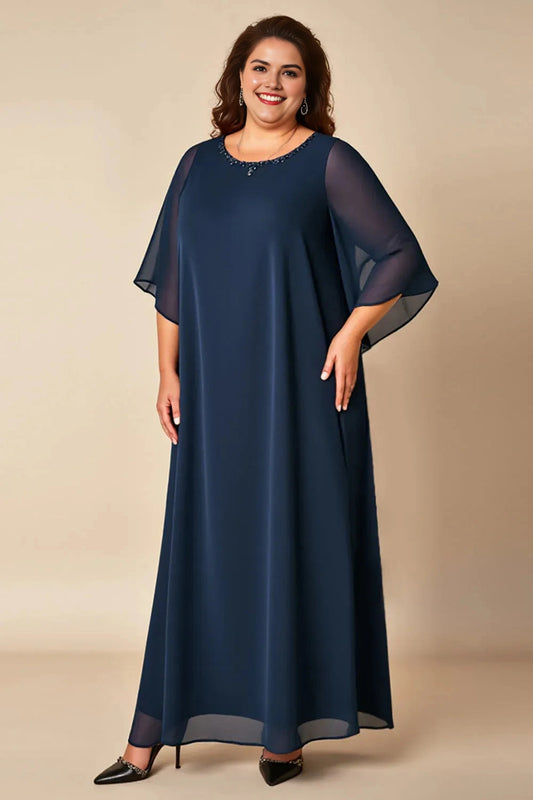 Roselledress navy plus size mother of the bride dress round neck flutter sleeve beaded neckline chiffon shift gown front view