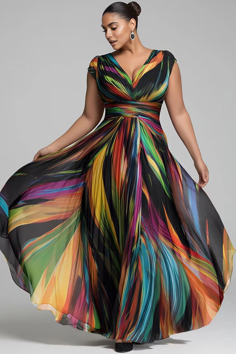 RoselleDress plus size evening dress colorful abstract print chiffon A-line gown deep V cap sleeve ruched waist flowy maxi formal dress