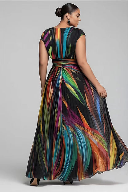 Back view RoselleDress multicolor abstract chiffon maxi dress zip back cap sleeve defined waist elegant plus size wedding guest gown
