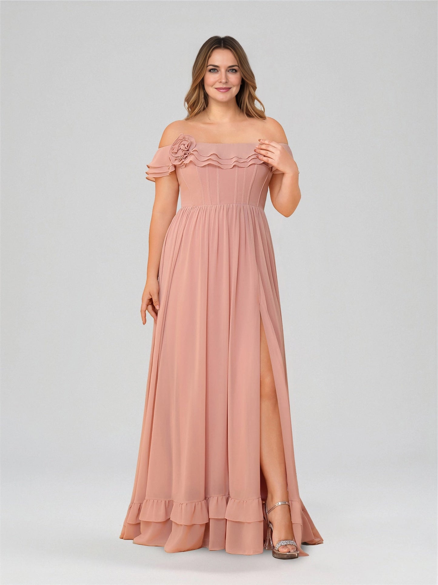 Roselledress dusty rose plus size bridesmaid maxi dress front view, off shoulder ruffle floral corset bodice chiffon gown with high slit
