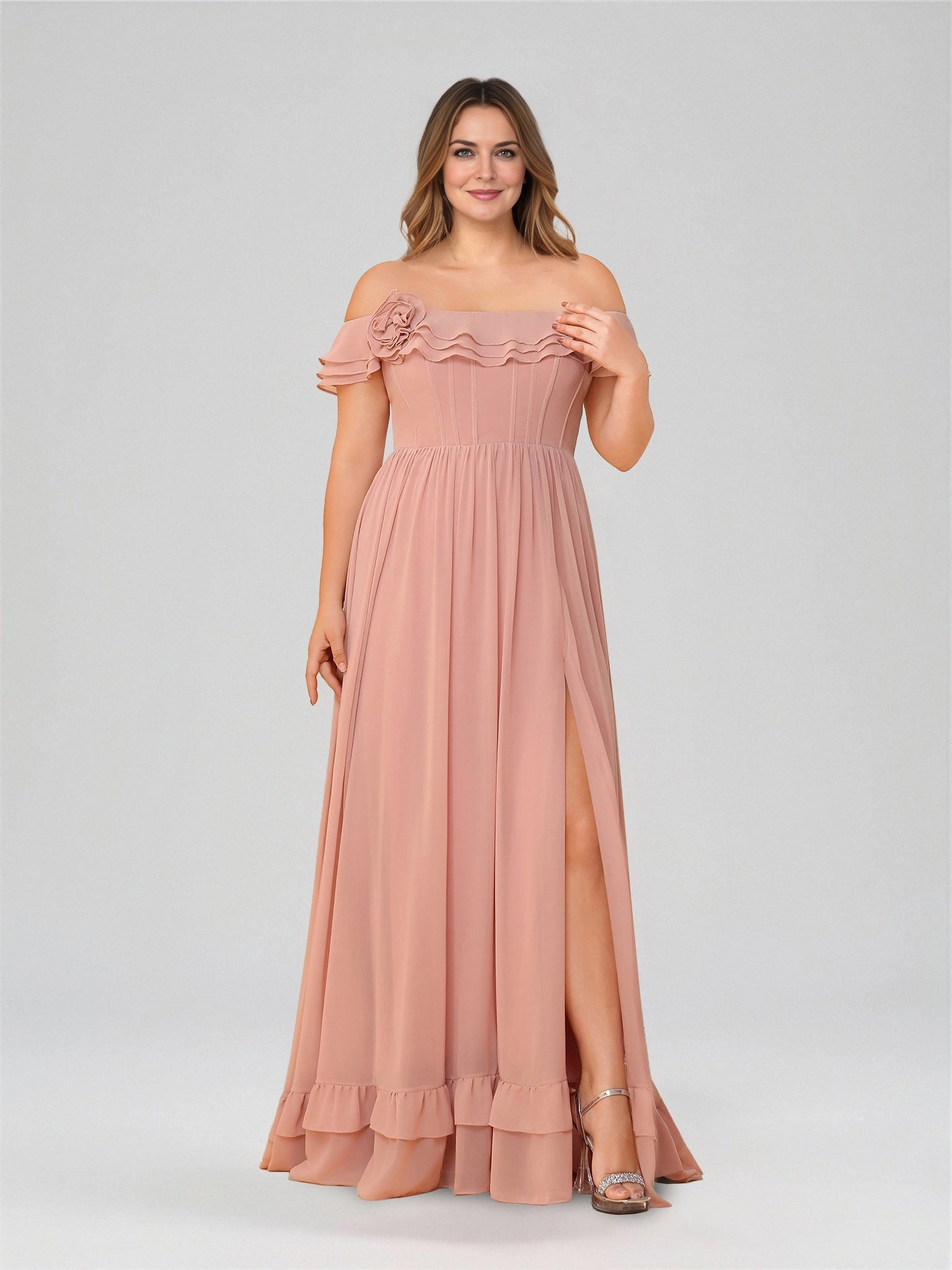 Roselledress dusty rose plus size bridesmaid maxi dress front view, off shoulder ruffle floral corset bodice chiffon gown with high slit