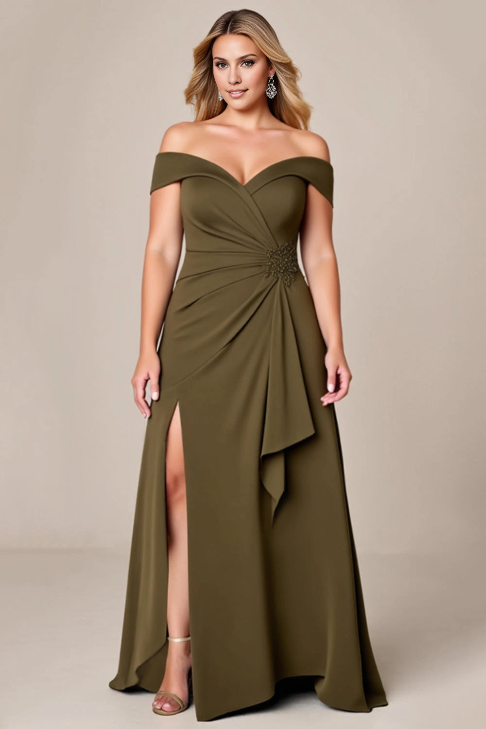 Roselledress olive green plus size bridesmaid maxi dress front view, off shoulder v neck crepe gown with ruched waist, beaded ornament and side thigh slit