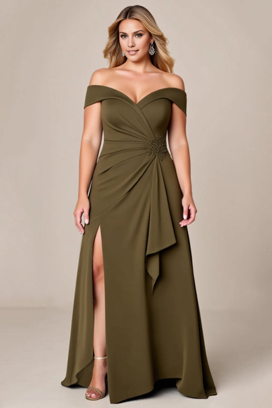 Roselledress olive green plus size bridesmaid maxi dress front view, off shoulder v neck crepe gown with ruched waist, beaded ornament and side thigh slit