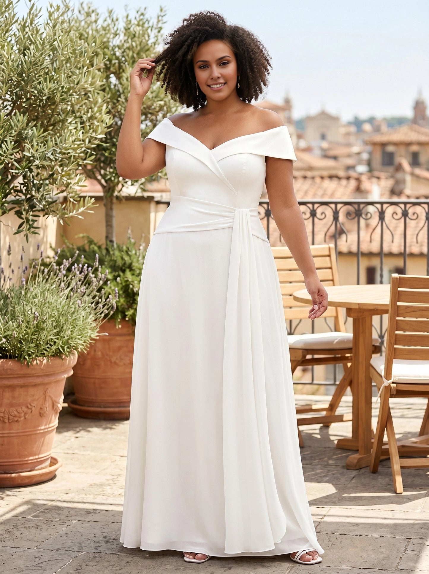 Roselledress white plus size wedding maxi dress front view, off the shoulder folded v neck chiffon gown with twisted ruched waist