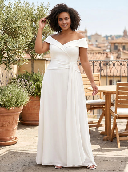 Roselledress white plus size wedding maxi dress front view, off the shoulder folded v neck chiffon gown with twisted ruched waist