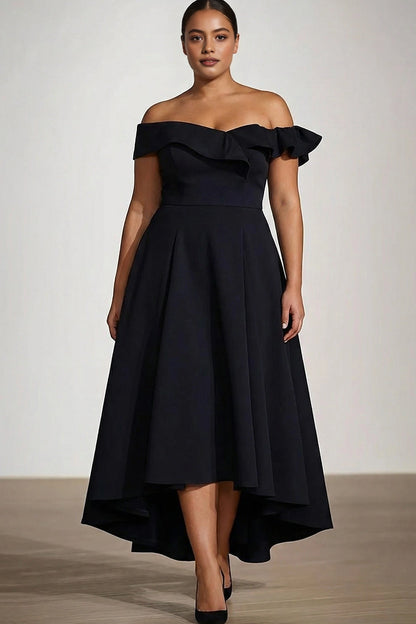 Roselledress black plus size prom dress front view, off the shoulder ruffle satin gown with high low hem a-line midi skirt