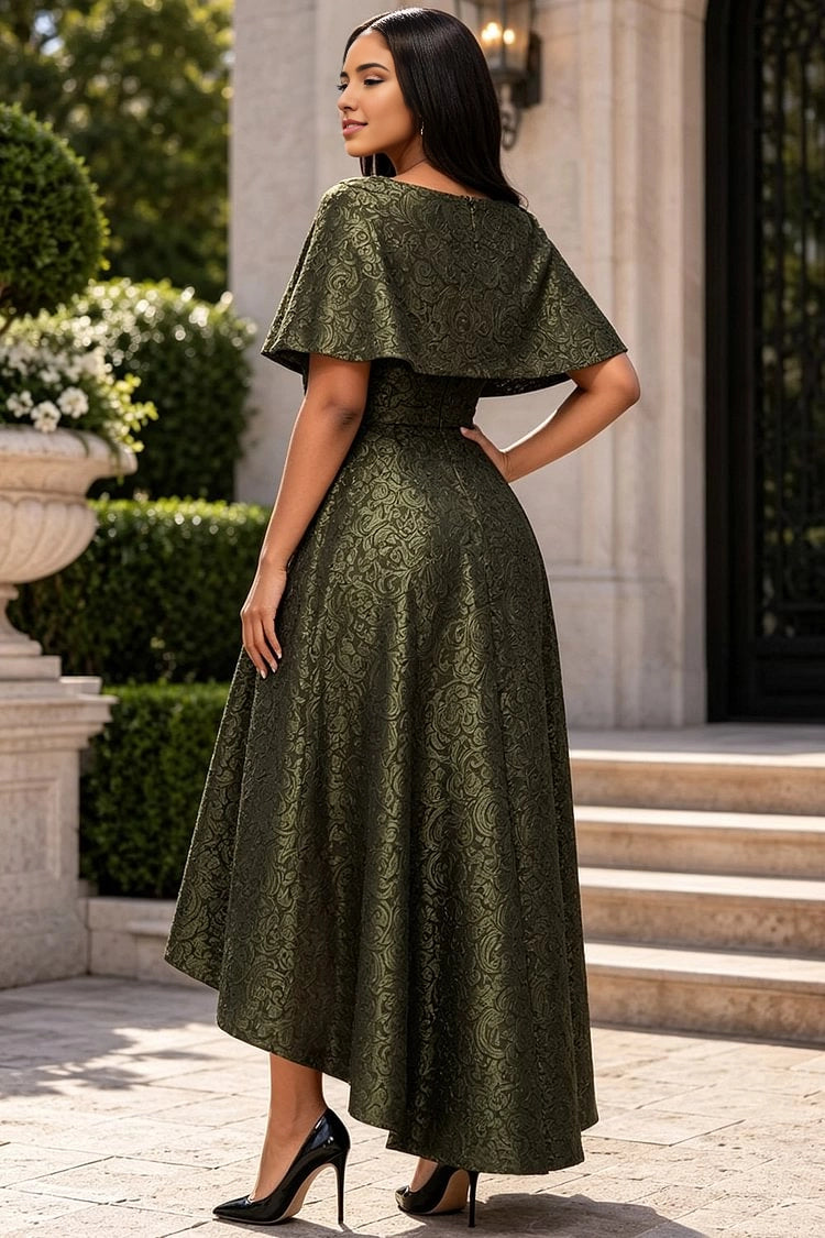Back view RoselleDress dark green jacquard cape sleeve dress zipper back high-low asymmetrical skirt elegant plus size mother of bride gown