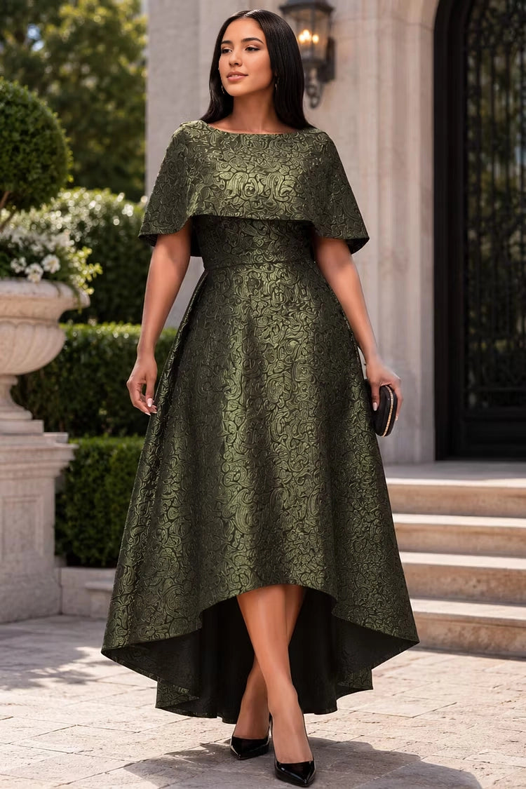 RoselleDress plus size formal dress olive green jacquard A-line gown boat neck cape overlay high low hem midi maxi wedding guest dress