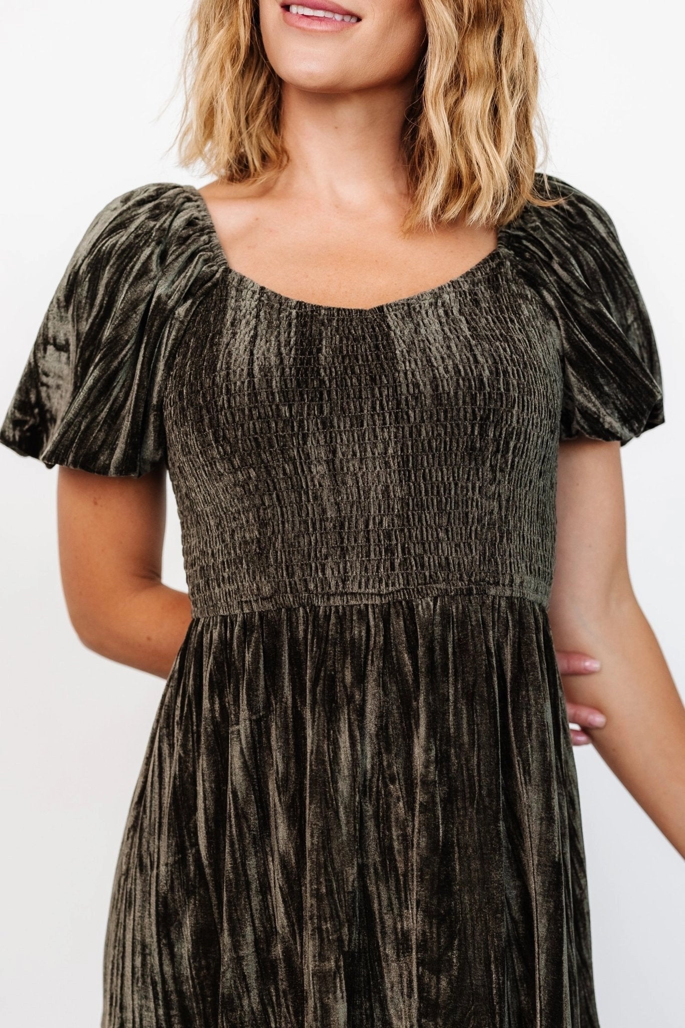 Modest A‑Line Square‑Neck Puff‑Sleeve Smocked‑Back Midi Mother Of The Bride Dress