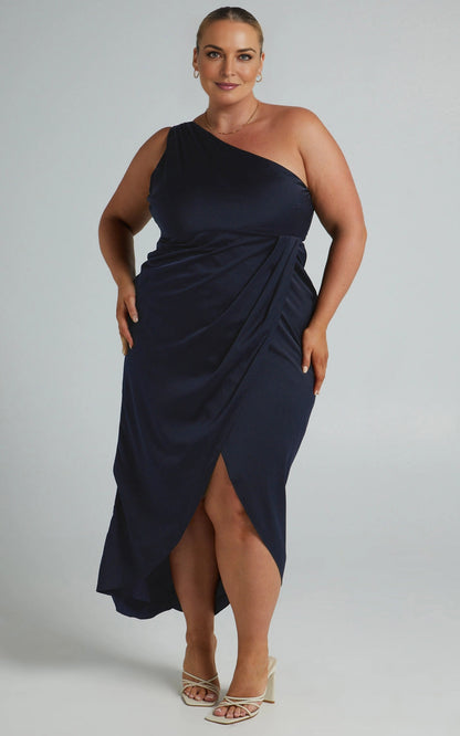 Roselledress navy satin plus size bridesmaid midi dress front view, one shoulder ruched wrap skirt with front thigh split