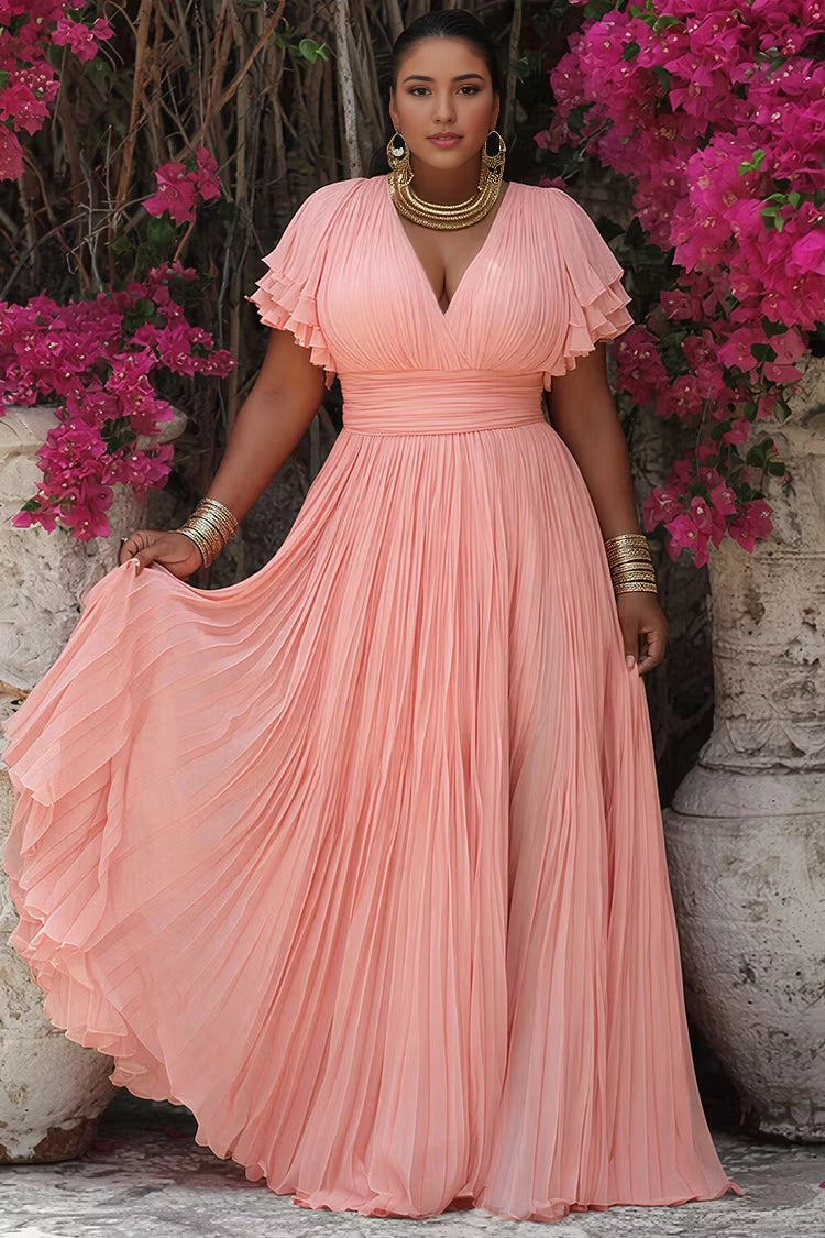 Roselledress Peach A Line V Neck Layered Flutter Sleeve Pleated Chiffon Maxi Plus Size Prom Dress