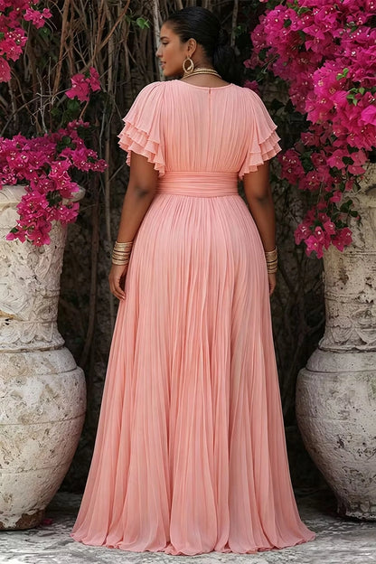 Roselledress Peach A Line V Neck Layered Flutter Sleeve Pleated Chiffon Maxi Plus Size Prom Dress