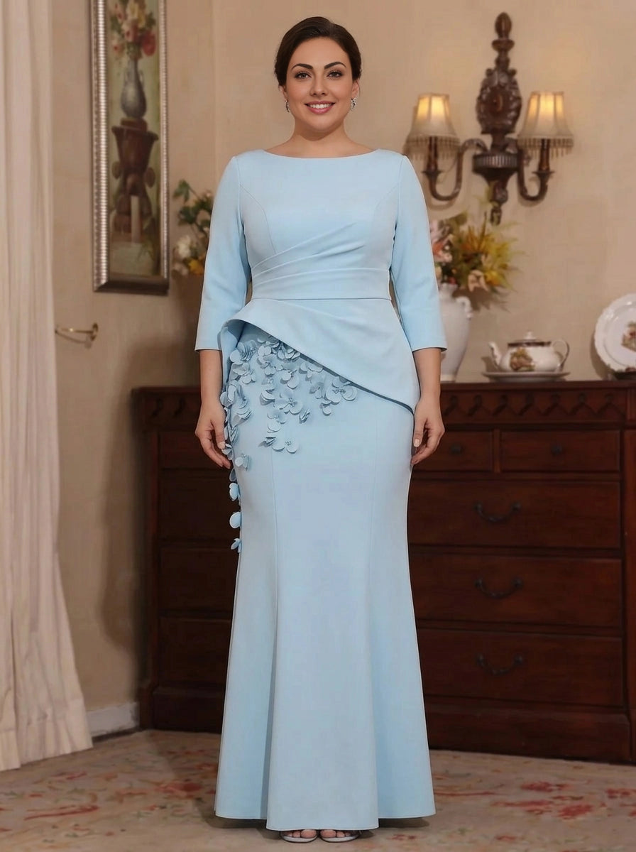 Roselledress light blue plus size mother of the bride dress front view, boat neck 3/4 sleeve peplum gown with 3D floral mermaid maxi skirt