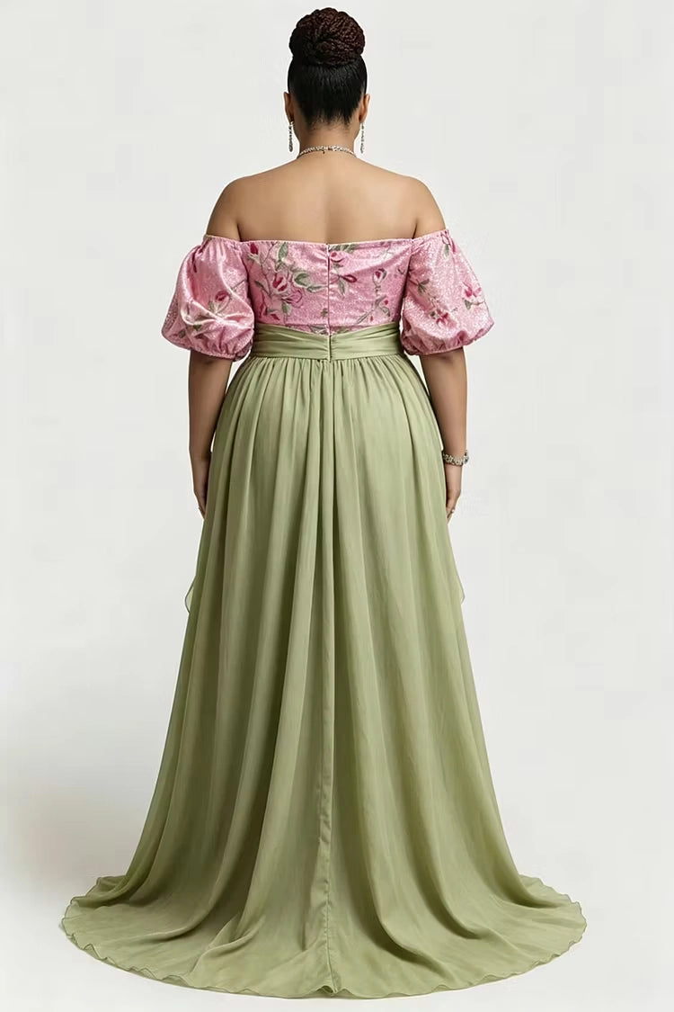 Back view RoselleDress floral off shoulder mermaid dress zipper back long green chiffon sash train plus size wedding guest formal gown