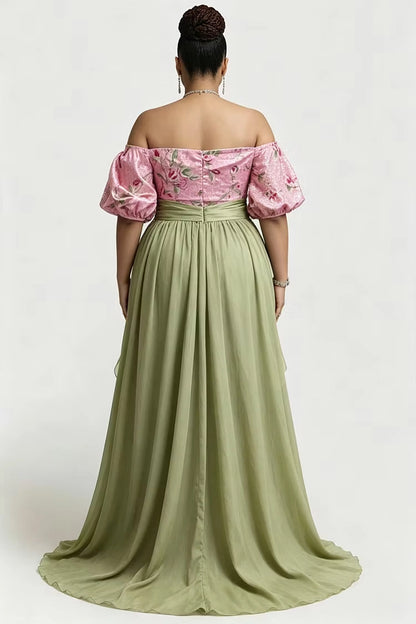 Back view RoselleDress floral off shoulder mermaid dress zipper back long green chiffon sash train plus size wedding guest formal gown