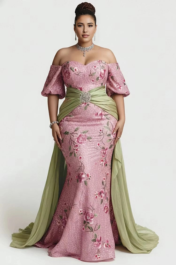 RoselleDress plus size evening dress off shoulder puff sleeve pink floral glitter mermaid gown with green rhinestone waist sash and flowing train