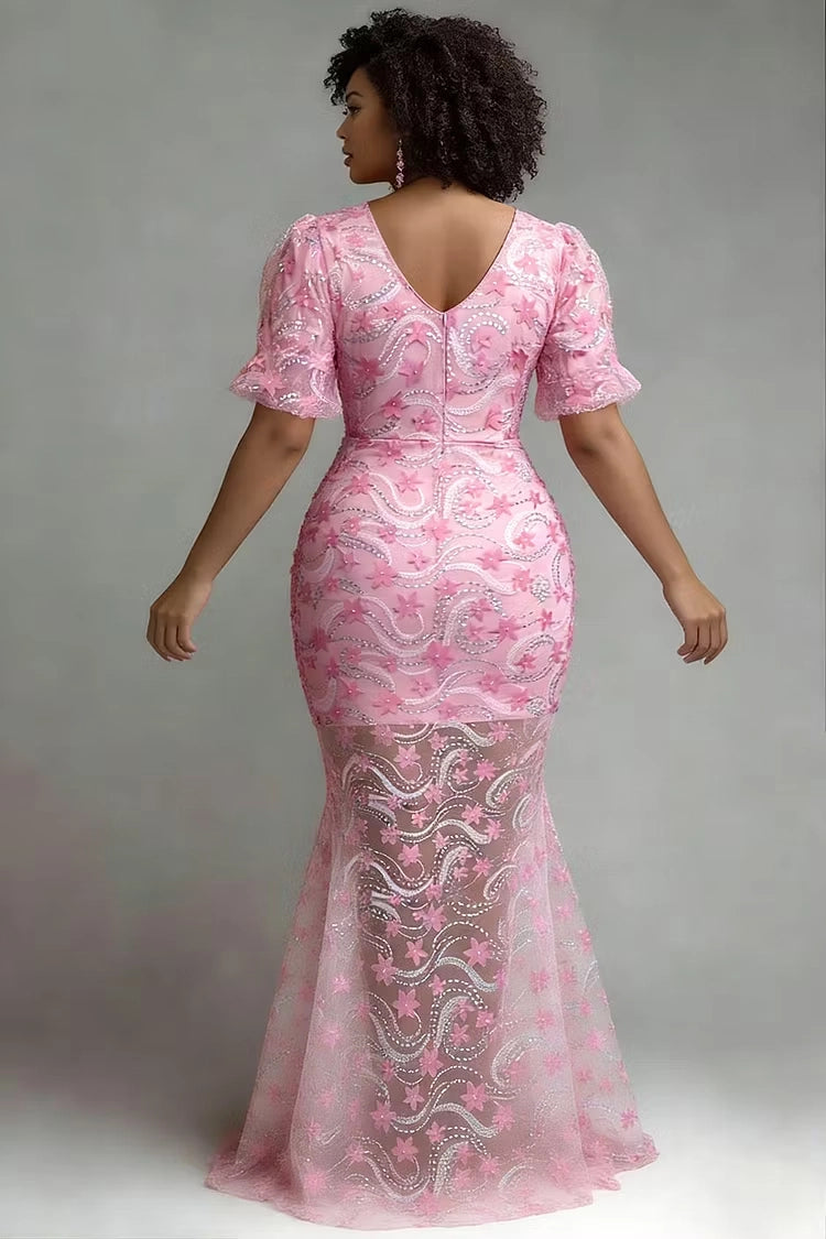 Back view RoselleDress pink mermaid gown deep v back zipper closure 3D flower applique tulle plus size wedding guest maxi dress